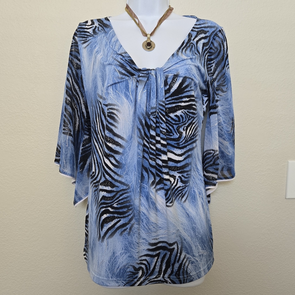 Anac By Kimi Animal Print Bell Sleeve Blouse Tunic Blue Black Size Medium